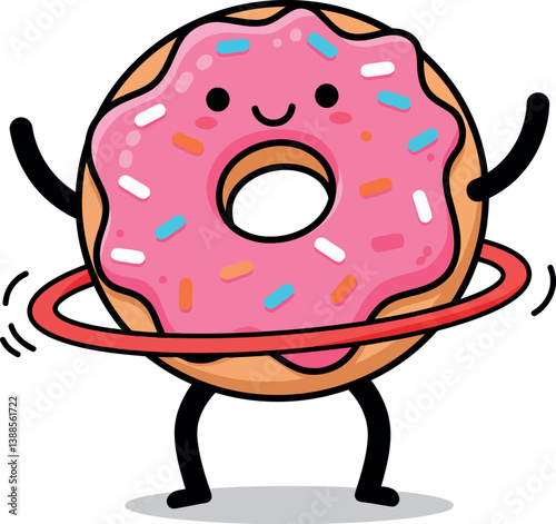 Happy cartoon donut character joyfully hula hooping in a playful and colorful flat vector art