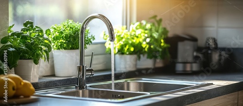 Kitchen sink water running, herbs, sunlight