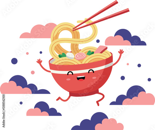 Cheerful animated bowl of noodles with chopsticks in a playful flat vector illustration