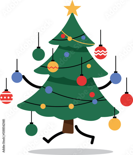 Cheerful Christmas tree with colorful ornaments and decorations in a flat vector illustration