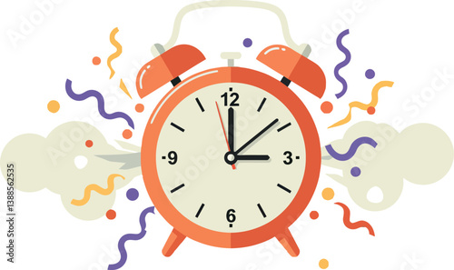 Vibrant red alarm clock with colorful confetti in flat vector art
