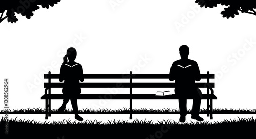 Two figures sitting on a park bench in silhouette style, minimal vector illustration