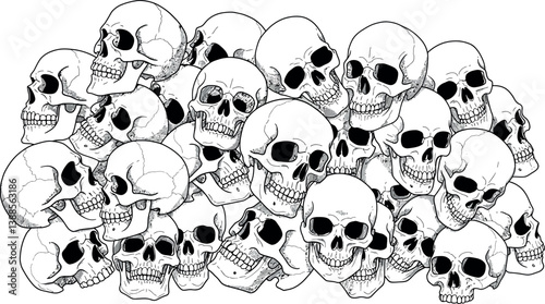 A collection of intricately detailed human skulls in a flat monochrome style, showcasing depth and texture in vector art