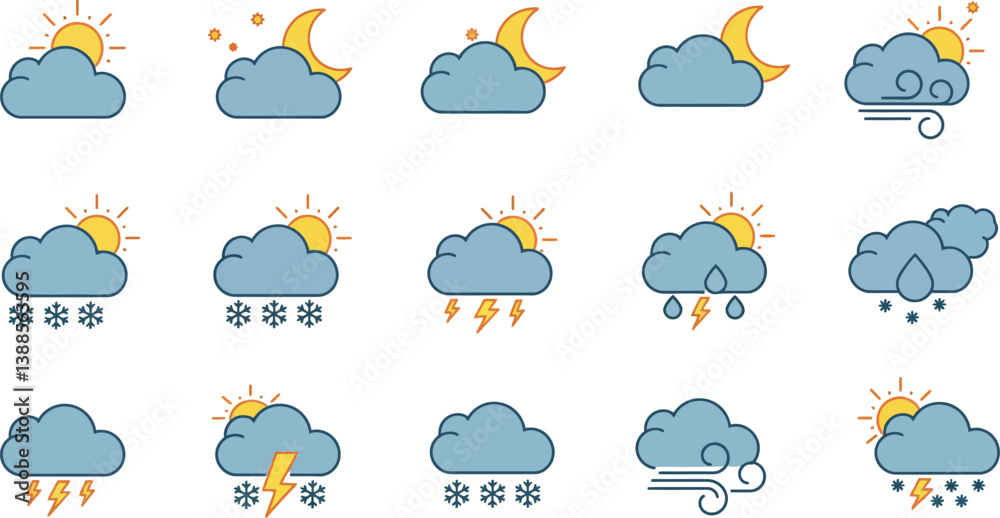 Obraz premium Weather icons depicting various conditions in flat minimal vector illustration style