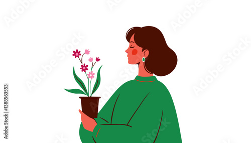 Woman admiring flowers in pot against white background  