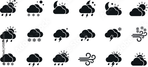 Weather icons depicting various conditions in a flat design style vector illustration