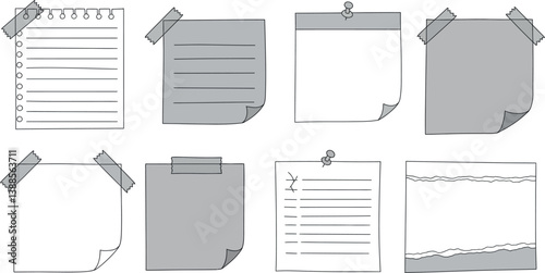 Sticky notes in various shapes and sizes with paper clips in a flat vector illustration