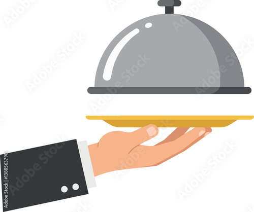 Hand holding a silver cloche on a golden plate in flat vector art