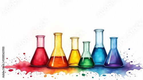Colorful Chemical Flasks With Watercolor Splatter