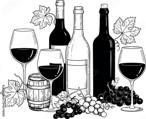 Wine bottles and glasses with grapes and a barrel in a detailed vector illustration