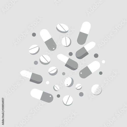 Assorted capsules and pills in a minimalistic flat style vector illustration