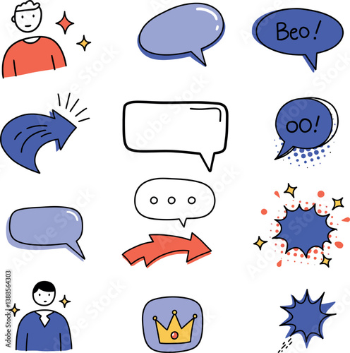 Colorful speech bubbles and characters in a playful, minimal vector illustration