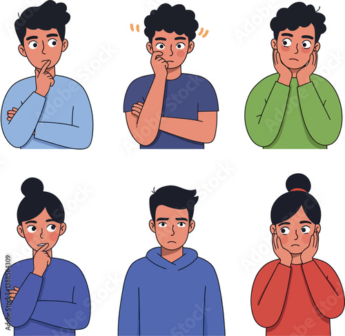 Six diverse characters expressing various emotions in a minimal flat design vector illustration