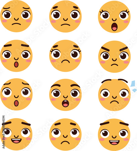 Collection of expressive cartoon faces showcasing various emotions in flat vector art style