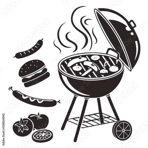 Barbecue grill with sausages and burger silhouette