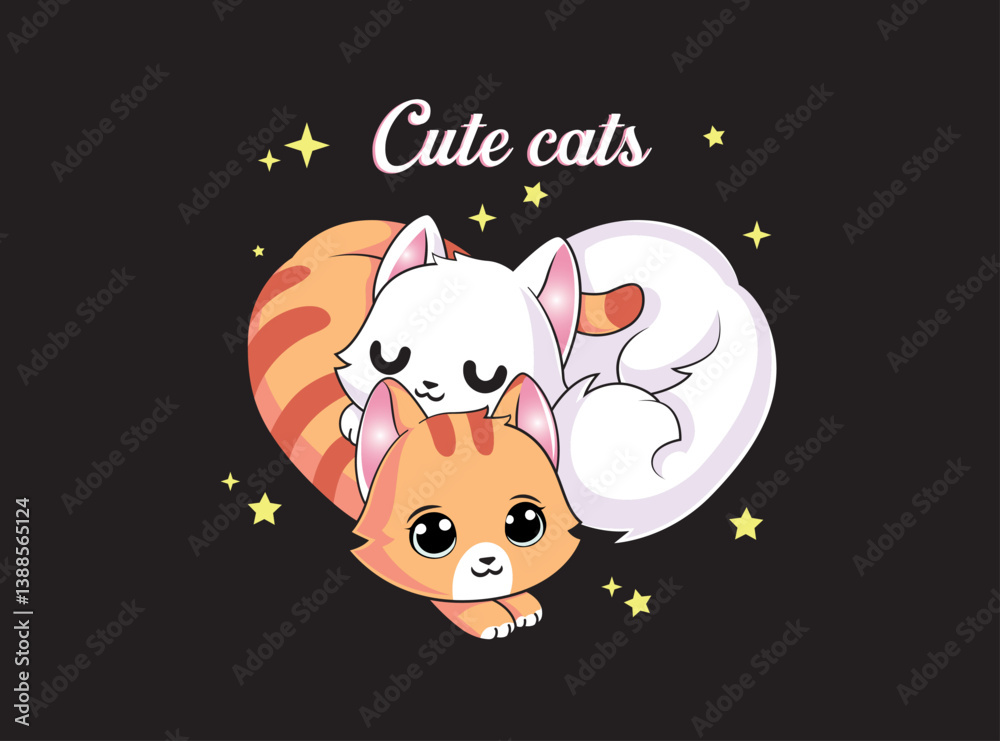 Vector illustration, adorable kittens forming a heart. Design for printing on shirt, poster, banner. White text on pink background. Lovely print for t-shirt, abstract image.