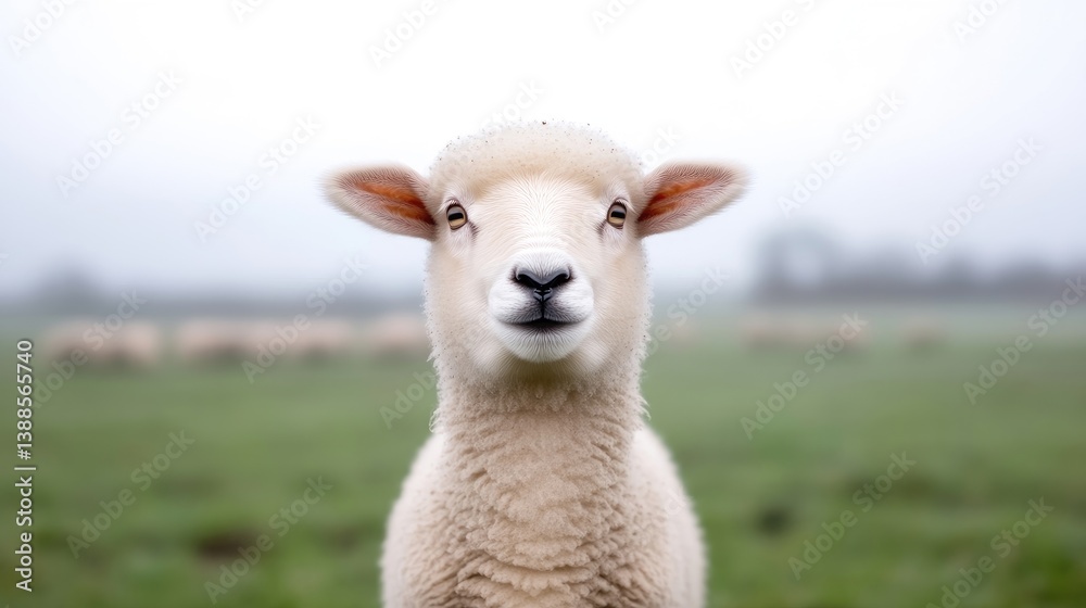 Obraz premium Single Sheep in Pasture Soft Focus High Resolution Portrait Close-up View Fluffy Fleece Peaceful Gaze Misty Field Soft White Tones Ideal for Farm Branding