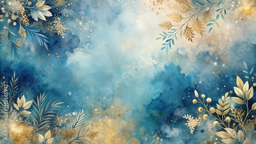 Serene Blue and Gold Watercolor Floral Design with Glimmering Dust and Elegant Branches for Artistic Backgrounds and Decor
