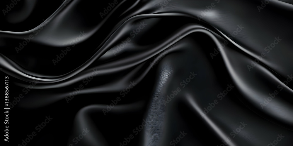Fototapeta premium Close-up of fine black fabric, showcasing its smooth, shiny texture and elegant drape. Perfect for design and fashion projects.