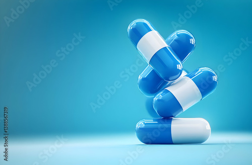 Close-up of stacked blue and white capsules, showcasing their vibrant colors and shapes against a soft blue background.