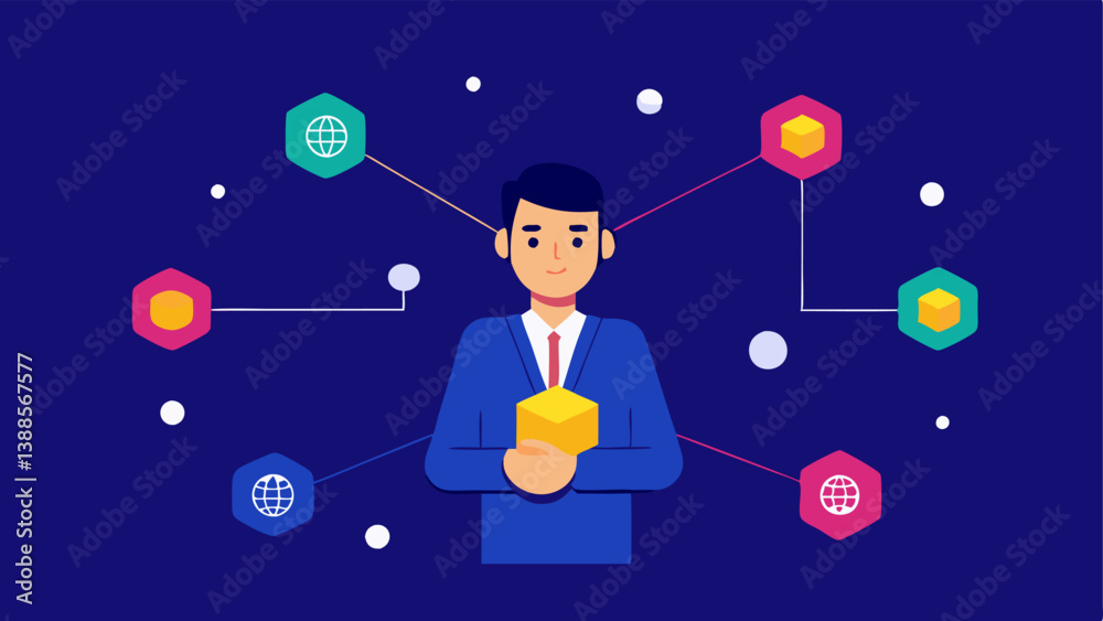 Connecting to Blockchain A depiction of an investor connecting to a decentralized network represented by a blockchain grid with digital coins flowing into it. Connecting to Blockchain A depiction of an investor connecting to a decentralized network represented by a blockchain grid with digital coins flowing into it.