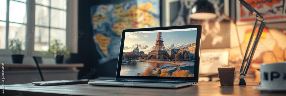 Virtual language learning session showcases conversation exercises with travel posters and a modern educational atmosphere