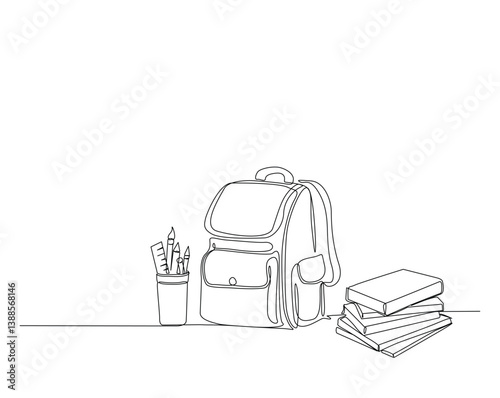 Wallpaper Mural School bag, books and pencil holder outline drawing illustration. one continuous line drawing of school equipment- stationery. Torontodigital.ca