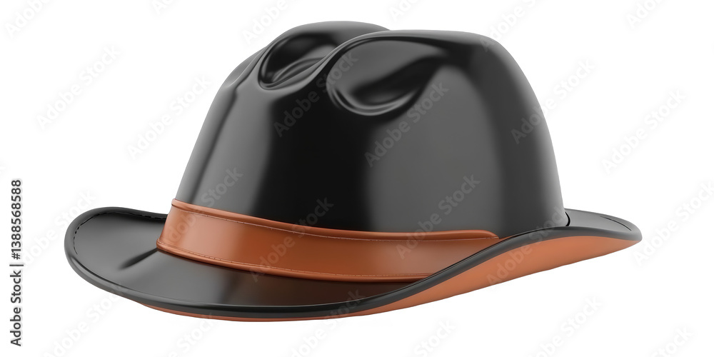 Isolated 3D Render of a Black Fedora Hat with Brown Leather Rim and Glossy Finish Isolated 3D Render of a Black Fedora Hat with Brown Leather Rim and Glossy Finish