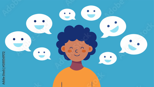 Laughter Bubble A person surrounded by a large thought bubble filled with cartoonish smiling faces showcasing how laughter can float away worries.