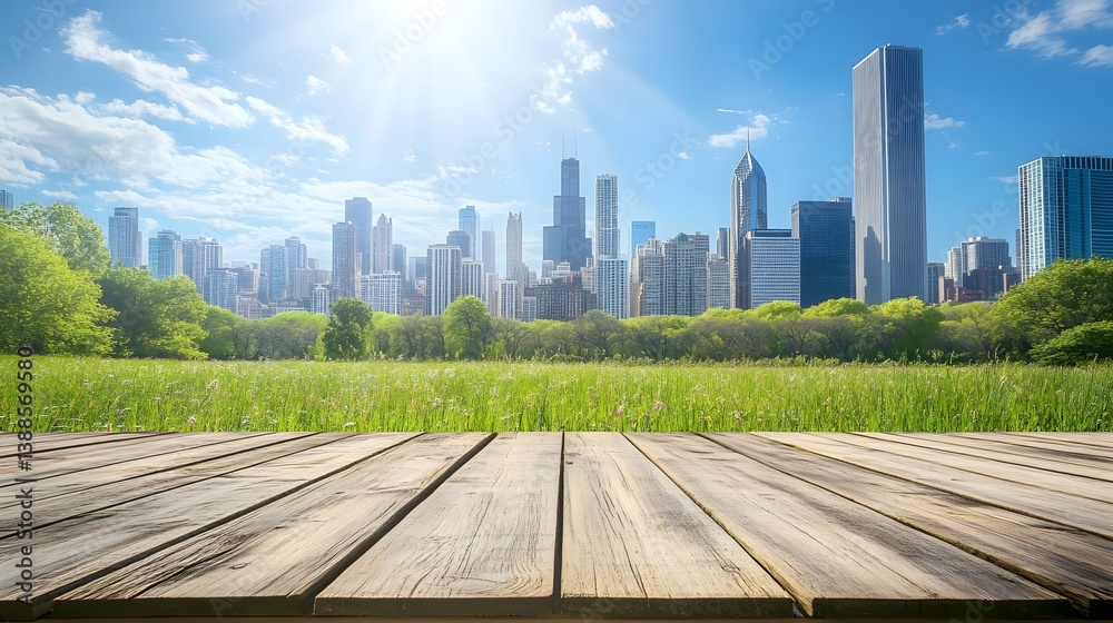 Fototapeta premium A wooden stage on a spring day with buildings and a skyscraper background.