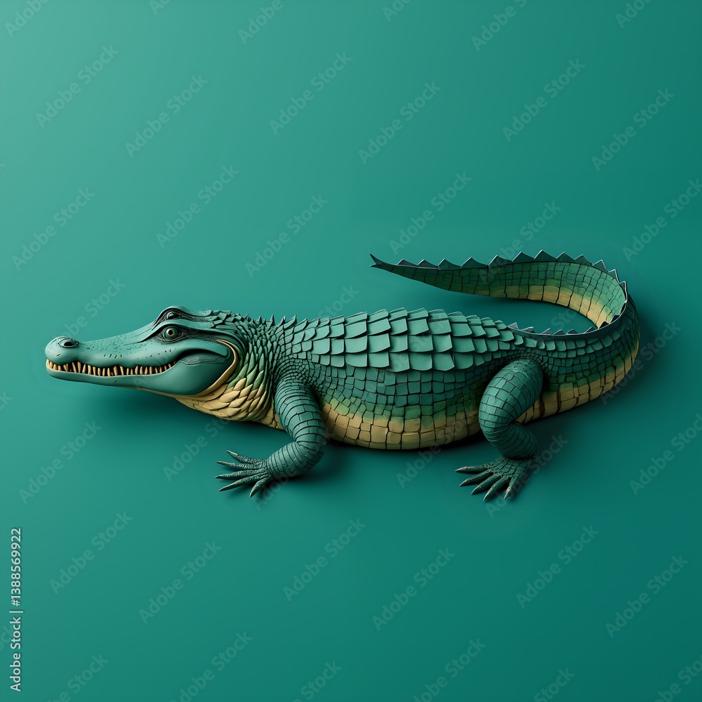 Fototapeta premium Stylized green crocodile on a solid background a playful and elegant representation, 3d render of stylized animal concept.