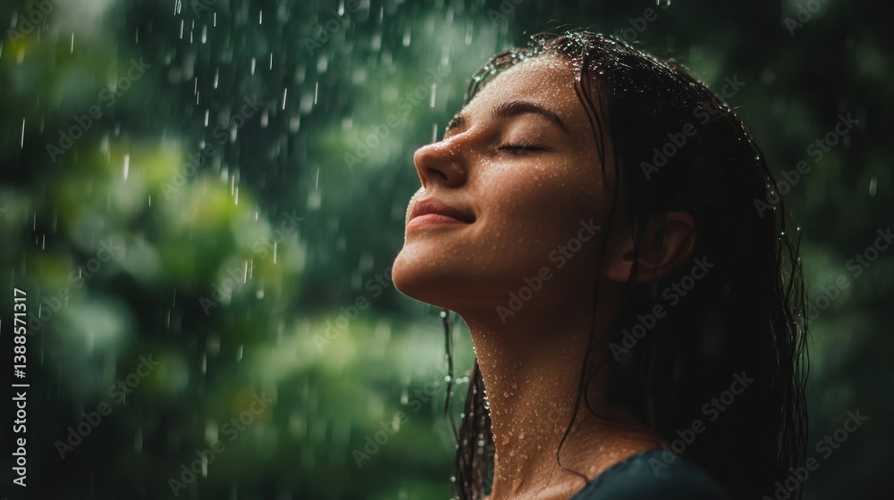 Fototapeta premium Woman Enjoying Rain with Eyes Closed in a Lush Garden Setting