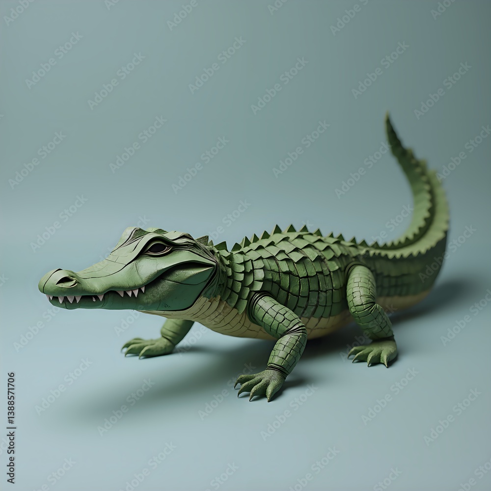 Obraz premium Intricately crafted paper crocodile model with textured scales on a soft green background, paper art of sculptural illustration concept.