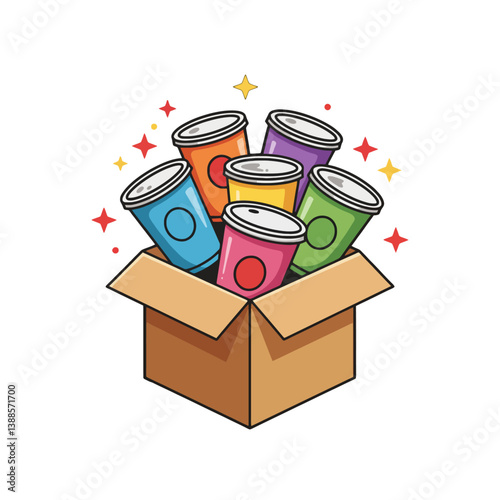 Box of colorful soda cans