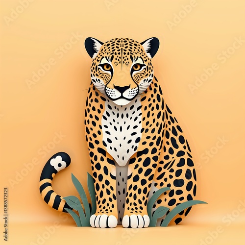 Stylized leopard artwork against a bright orange background with plants, digital illustration of character design concept.