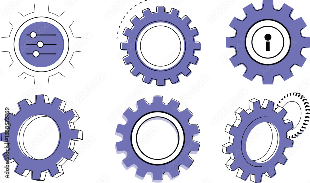 Obraz premium Blue Setting Icons Set in Modern Outline Style – Vector Cogwheels for Tech, Settings, and UI Elements