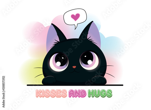 CUTE DARK CAT ON A COLORED BACKGROUND, ABSTRACT IMAGE, WITH TEXTURES AND COLOR ILLUMINATIONS, LILA EYES