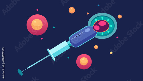Nanoscale Injection A syringe injecting luminous nanomaterials into a cell visualizing how these substances trate and initiate the cell regeneration process.