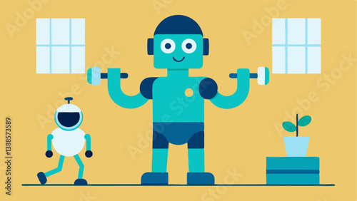 Personal Fitness Trainer Robot A robot with a sporty design is encouraging a person doing exercises at home demonstrating the value of health and fitness assistance.