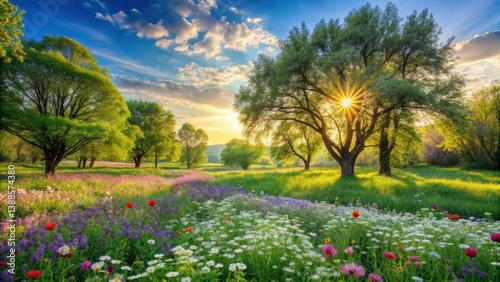 Serene Sunset Landscape Blooming Meadow with Majestic Trees and Golden Sunlight Rays