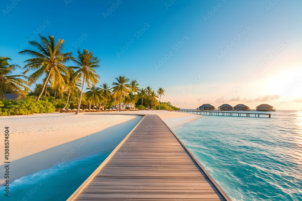 custom made wallpaper toronto digitalSerene beach view with golden sands, swaying palms, and clear blue waters leading to a picturesque sunset.