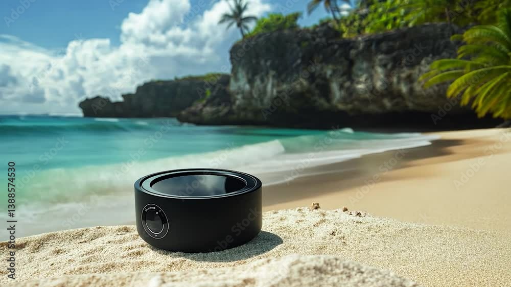 Black speaker resting on sandy beach with tropical landscape and ocean Black speaker resting on sandy beach with tropical landscape and ocean