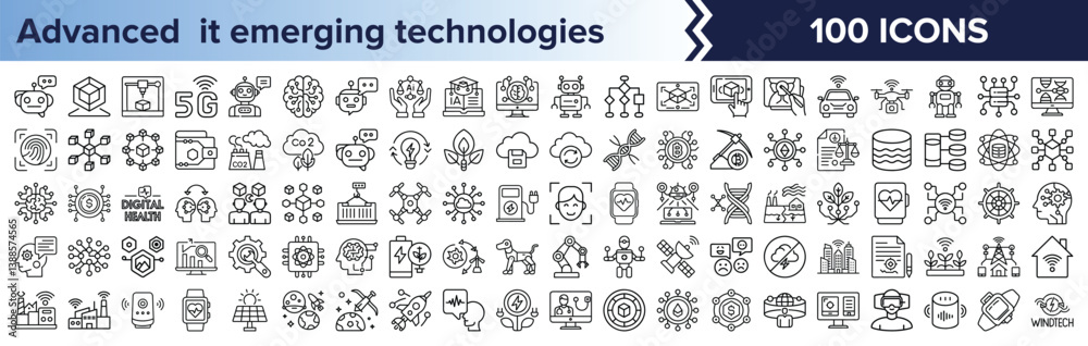 100 Icons for Advanced IT and Emerging Tech, Icon set featuring 100 line-style visuals representing cutting-edge IT concepts, including AI, blockchain, robotics, and digital health. 100 Icons for Advanced IT and Emerging Tech, Icon set featuring 100 line-style visuals representing cutting-edge IT concepts, including AI, blockchain, robotics, and digital health.