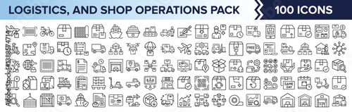 100 Logistics and Shop Operations Line Icons, Clean icon set illustrating logistics, delivery, packaging, warehousing, and shipping workflows for retail, e-commerce, and inventory systems.

