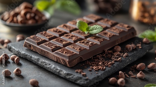 Chocolate bar on slate with mint, and chocolate chips. Sweet indulgence