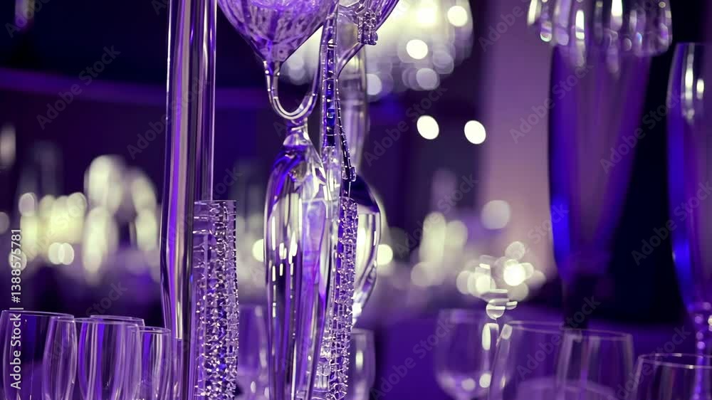 Elegant table setup featuring glassware and purple lighting for a sophisticated event in an upscale venue