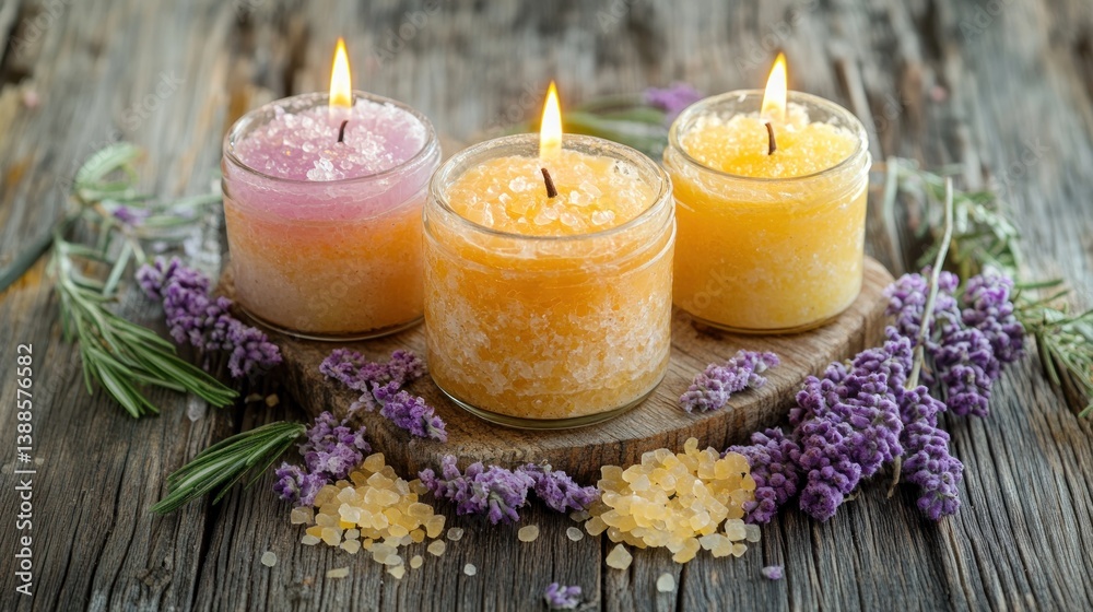 Three lit candles in jars, different colors, surrounded by lavender and bath salts on rustic wooden surface. Three lit candles in jars, different colors, surrounded by lavender and bath salts on rustic wooden surface.