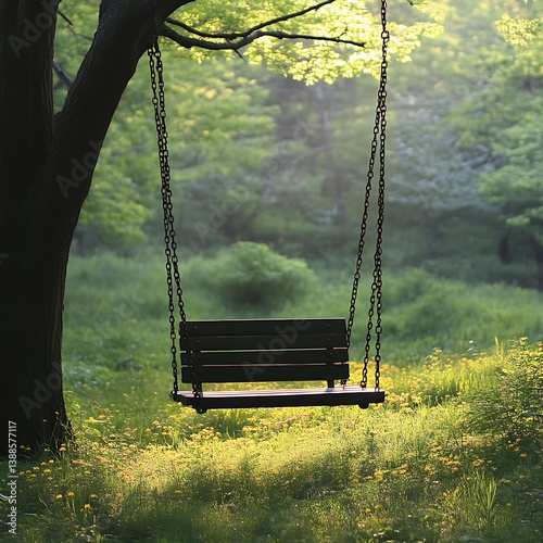 Empty wooden swing in a sunlit meadow