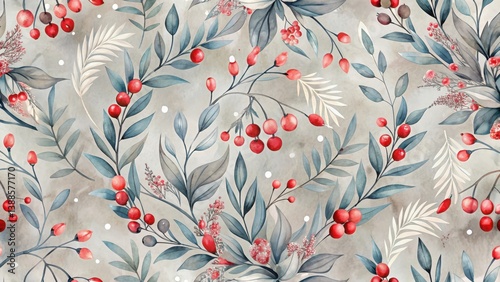 Elegant Watercolor Botanical Print Featuring Delicate Branches, Lush Foliage, and Vibrant Red Berries on a Soft Neutral Background