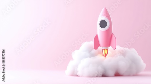 A pink cartoon rocket launches from a fluffy white cloud. It sits against a pale pink background. The image is digitally rendered, high quality, and features soft lighting. Its style is cute and whim